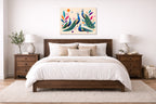 Elegant Peacocks - Geometric Painting printed on aluminum metal with wall anchors. Hung on a bedroom wall.