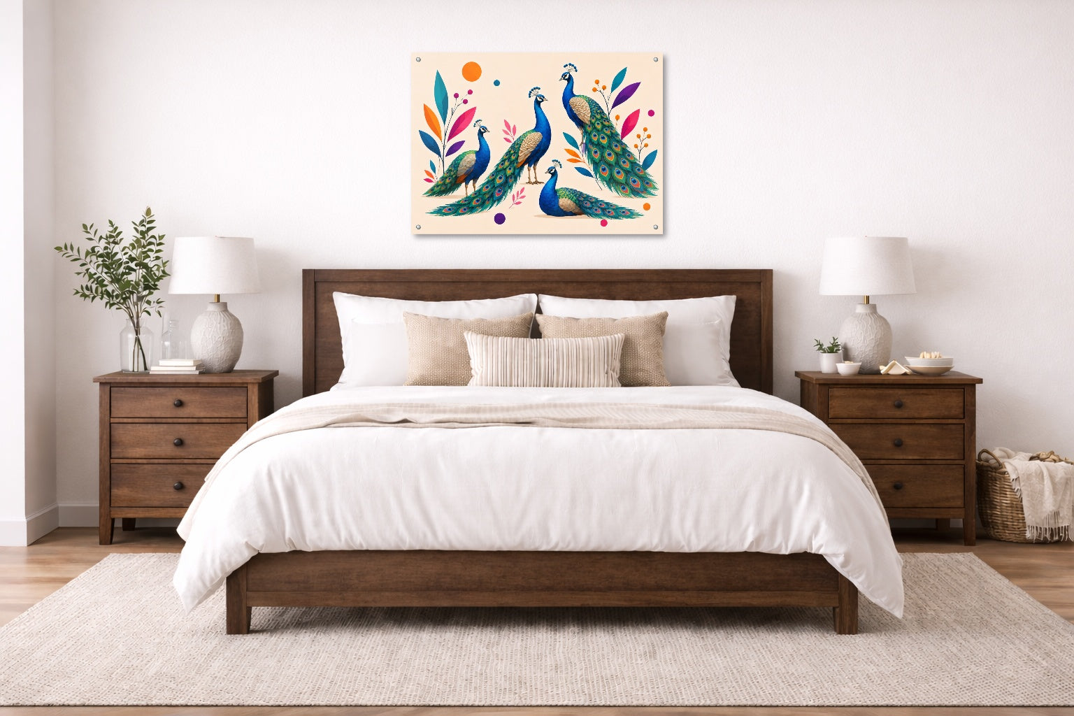 Elegant Peacocks - Geometric Painting printed on aluminum metal with wall anchors. Hung on a bedroom wall.