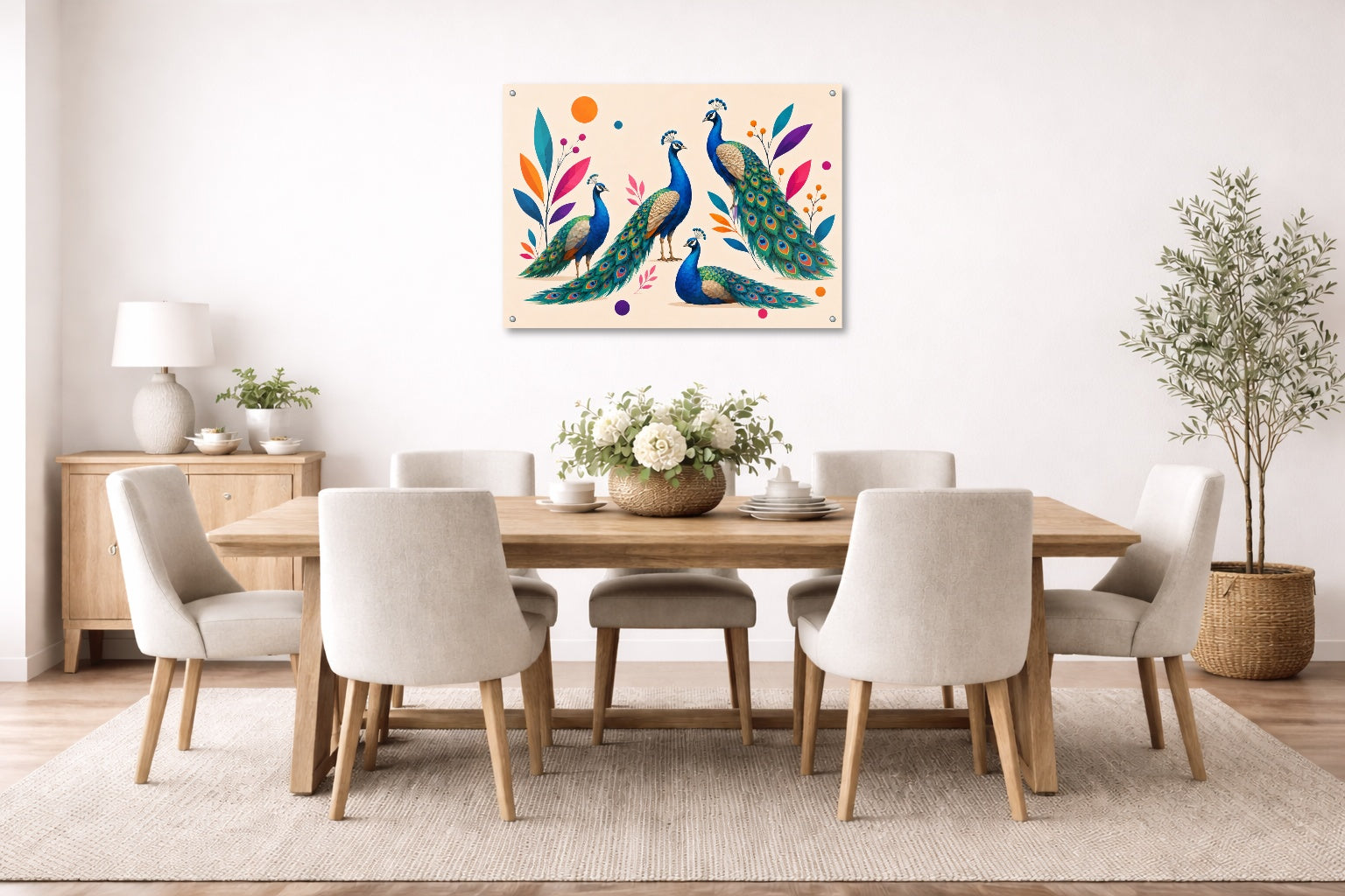 Elegant Peacocks - Geometric Painting printed on aluminum metal with wall anchors. Hung on a dining room wall.