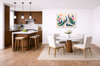Elegant Peacocks - Geometric Painting printed on aluminum metal with wall anchors. Hung on a kitchen-dinette wall.