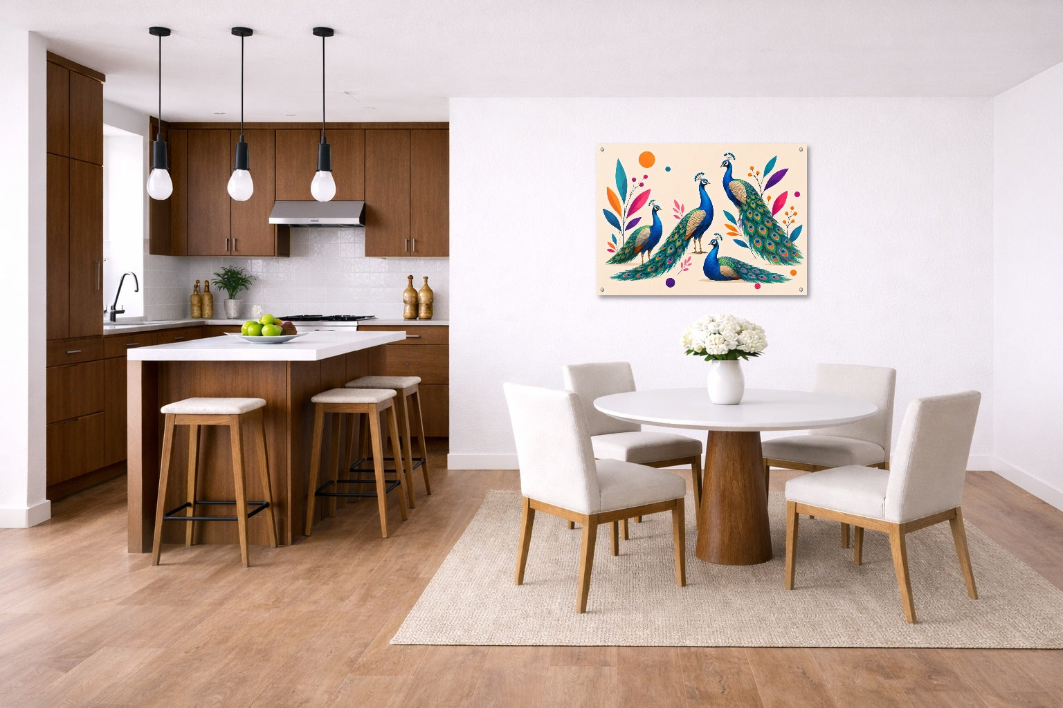 Elegant Peacocks - Geometric Painting printed on aluminum metal with wall anchors. Hung on a kitchen-dinette wall.