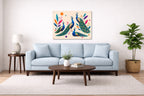 Elegant Peacocks - Geometric Painting printed on aluminum metal with wall anchors. Hung on a living room wall.