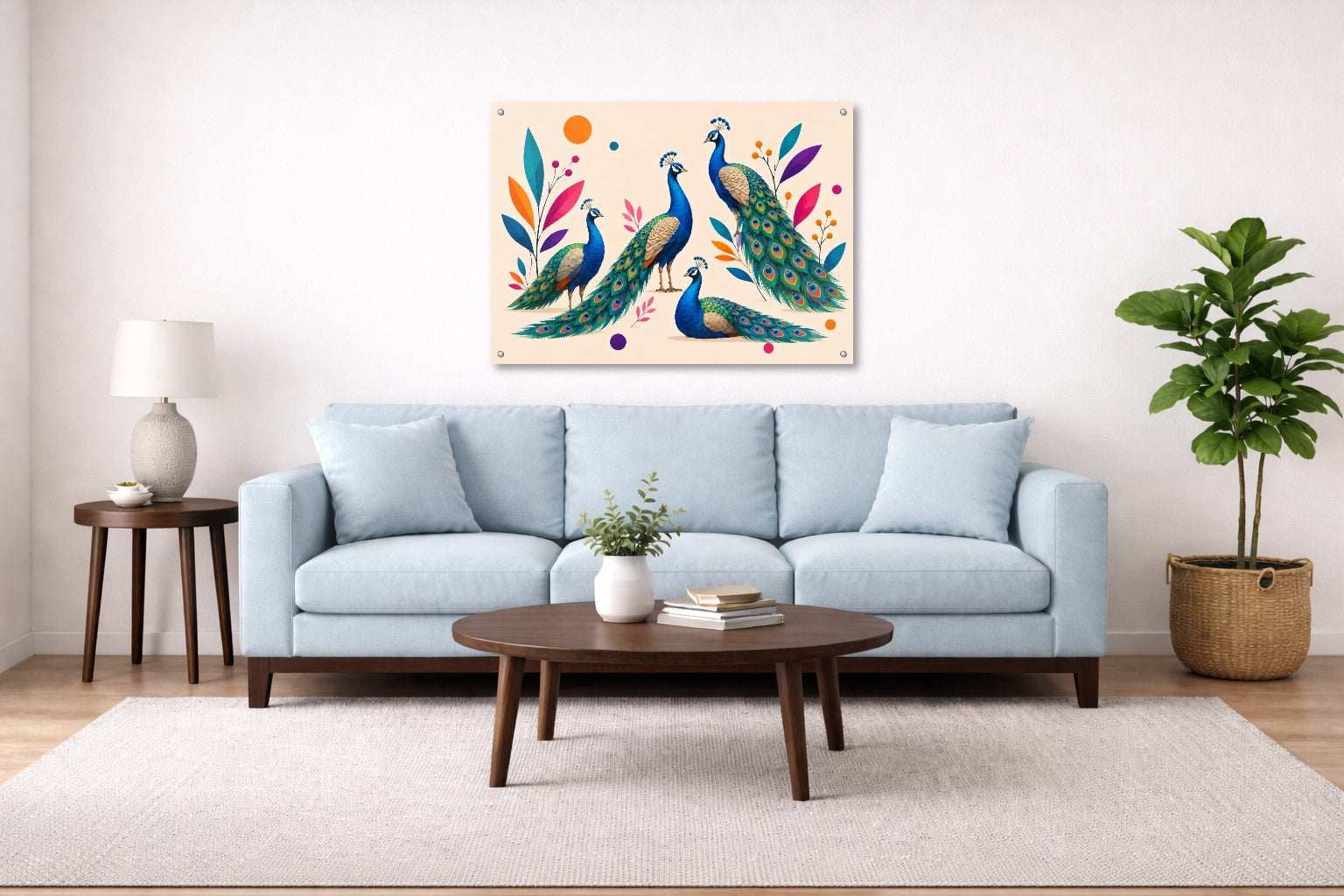 Elegant Peacocks - Geometric Painting printed on aluminum metal with wall anchors. Hung on a living room wall.
