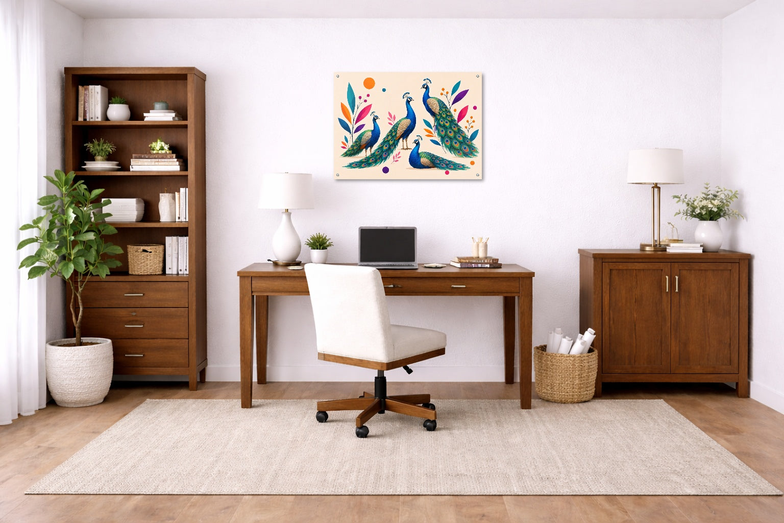 Elegant Peacocks - Geometric Painting printed on aluminum metal with wall anchors. Hung on a office wall.