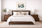 Elegant Peacocks - Geometric Painting printed on fine art paper, framed in a oak frame and matted. Hung on a bedroom wall.