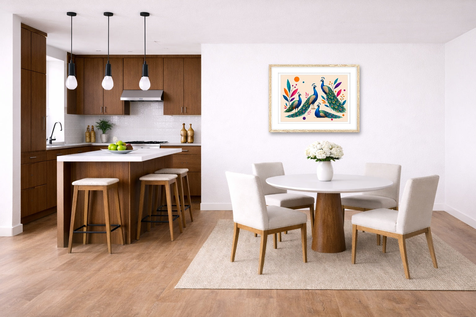 Elegant Peacocks - Geometric Painting printed on fine art paper, framed on a oak frame and matted. Hung on a kitchen-dinette wall.