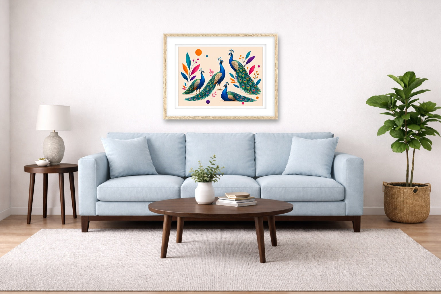 Elegant Peacocks - Geometric Painting printed on fine art paper, framed on a oak frame and matted. Hung on a living room wall.