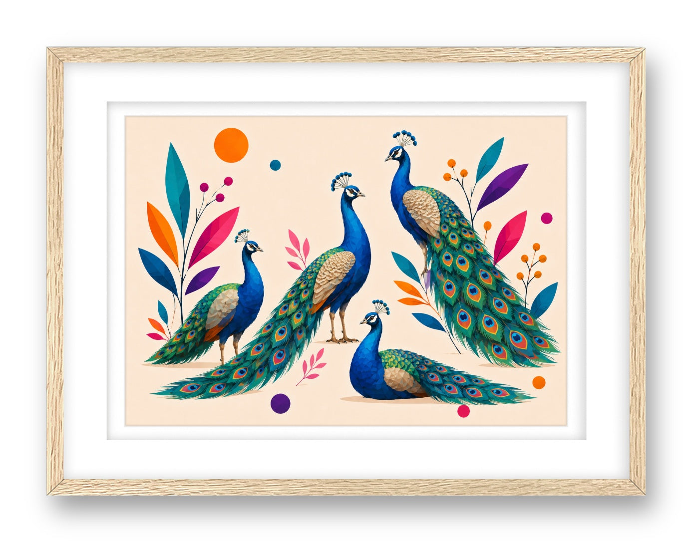 Elegant Peacocks printed on fine art paper, framed on a oak frame and matted.