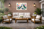 Elegant Peacocks - Geometric Painting printed on water resistant canvas and mounted on a waterproof frame. Hung on a patio wall.