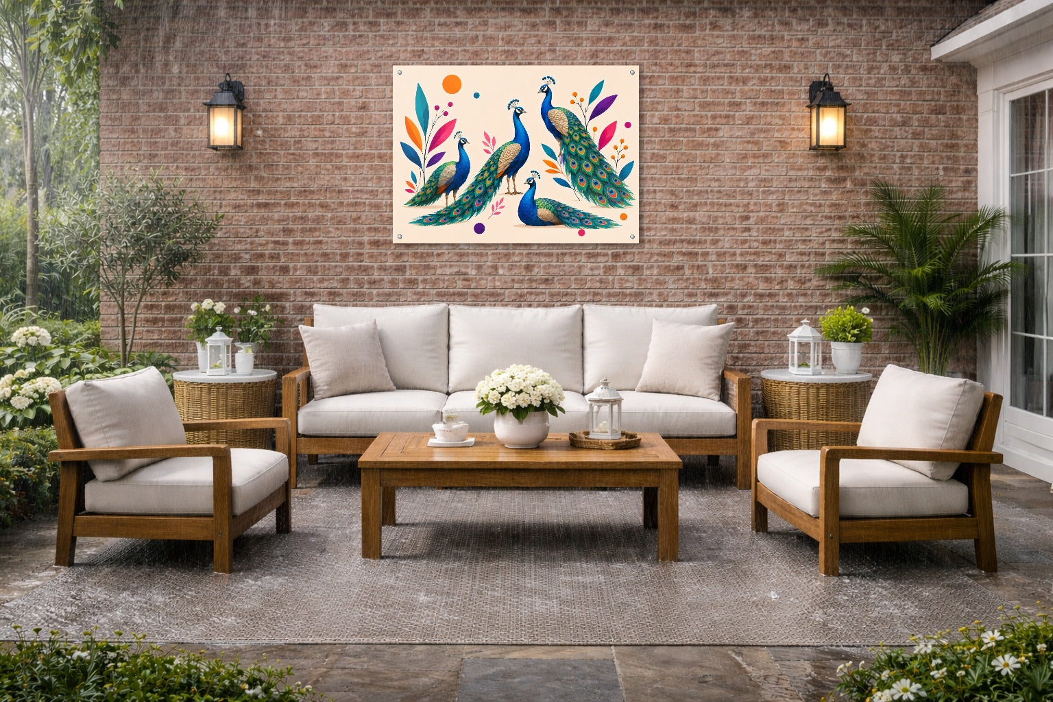 Elegant Peacocks - Geometric Painting printed on water resistant canvas and mounted on a waterproof frame. Hung on a patio wall.