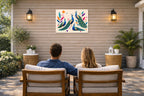 Elegant Peacocks - Geometric Painting printed on water resistant canvas and mounted on a waterproof frame. Hung on a patio wall with couple.