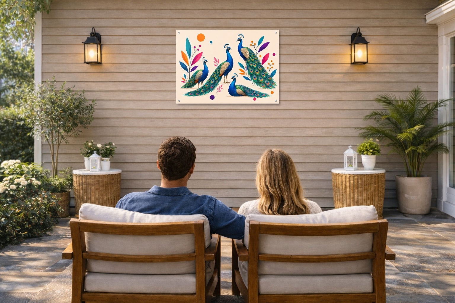 Elegant Peacocks - Geometric Painting printed on water resistant canvas and mounted on a waterproof frame. Hung on a patio wall with couple.