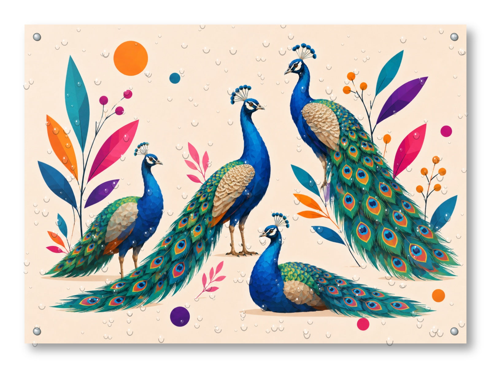 Elegant Peacocks - Geometric Painting printed on water resistant canvas and mounted on a waterproof frame.