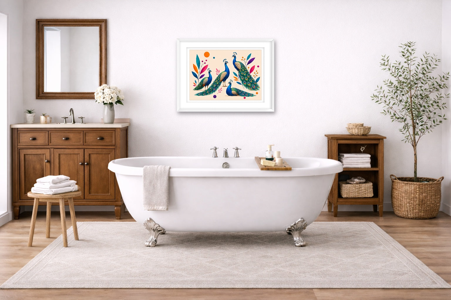 Elegant Peacocks - Geometric Painting printed on fine art paper, framed on a white frame and matted. Hung on a bathroom wall