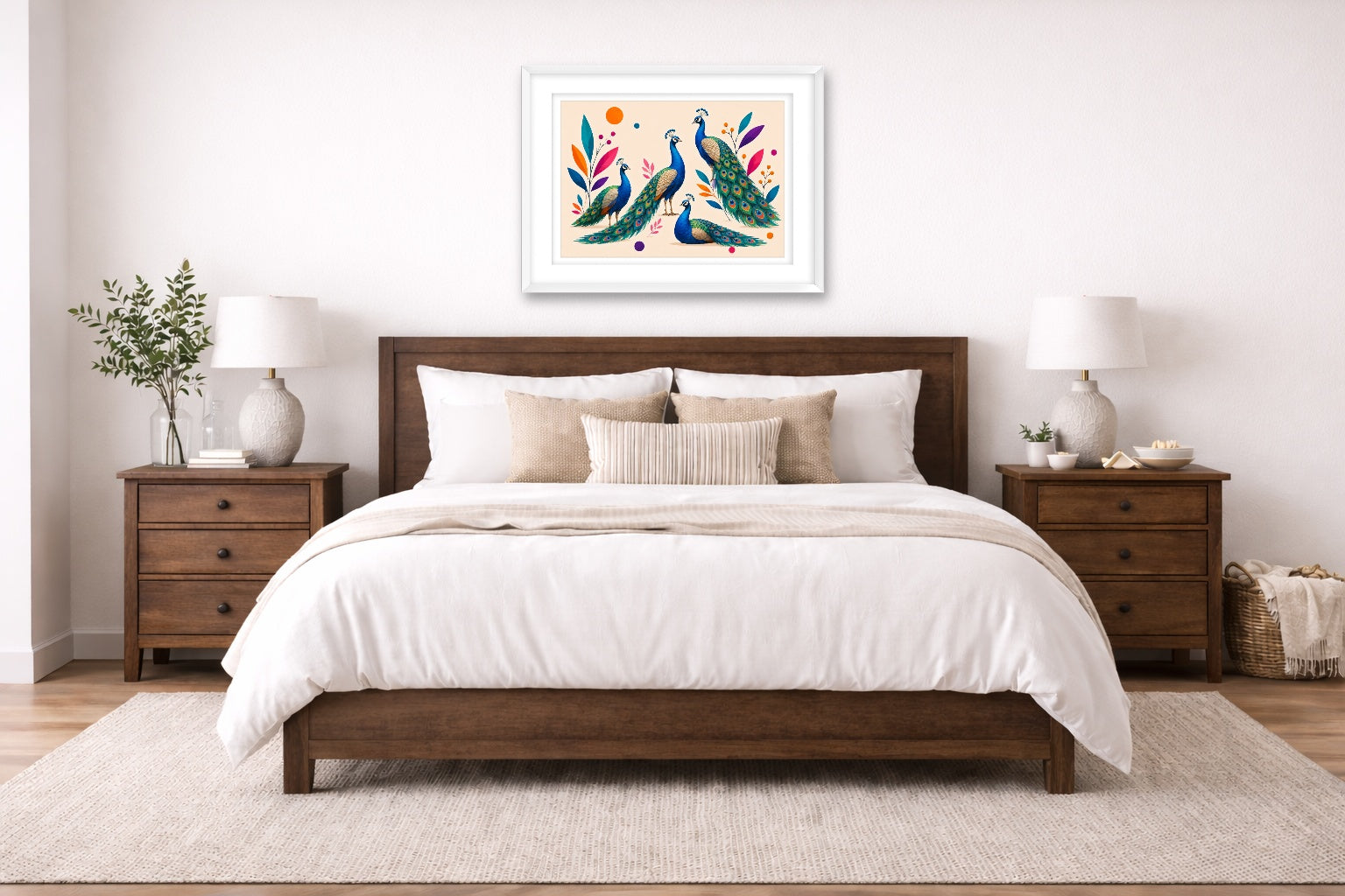Elegant Peacocks - Geometric Painting printed on fine art paper, framed on a white frame and matted. Hung on a bedroom room wall