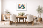 Elegant Peacocks - Geometric Painting printed on fine art paper, framed on a white frame and matted. Hung on a dining room wall.
