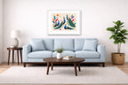 Elegant Peacocks - Geometric Painting printed on fine art paper, framed on a white frame and matted. Hung on a living room wall.