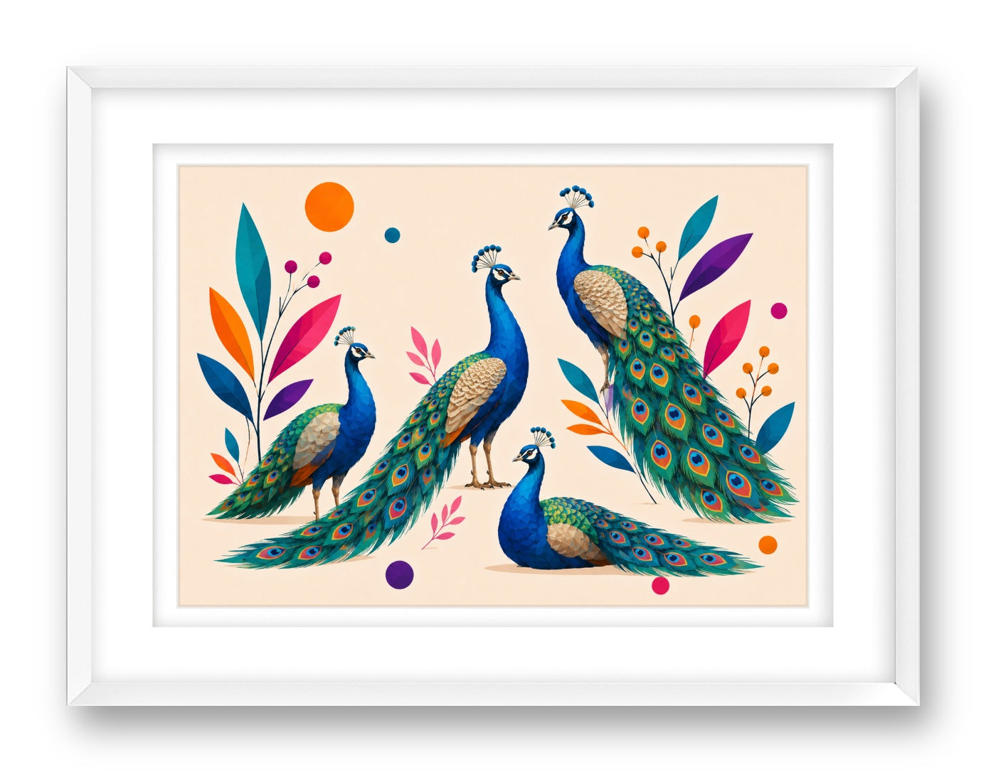 Elegant Peacocks printed on fine art paper, framed on a white frame and matted.