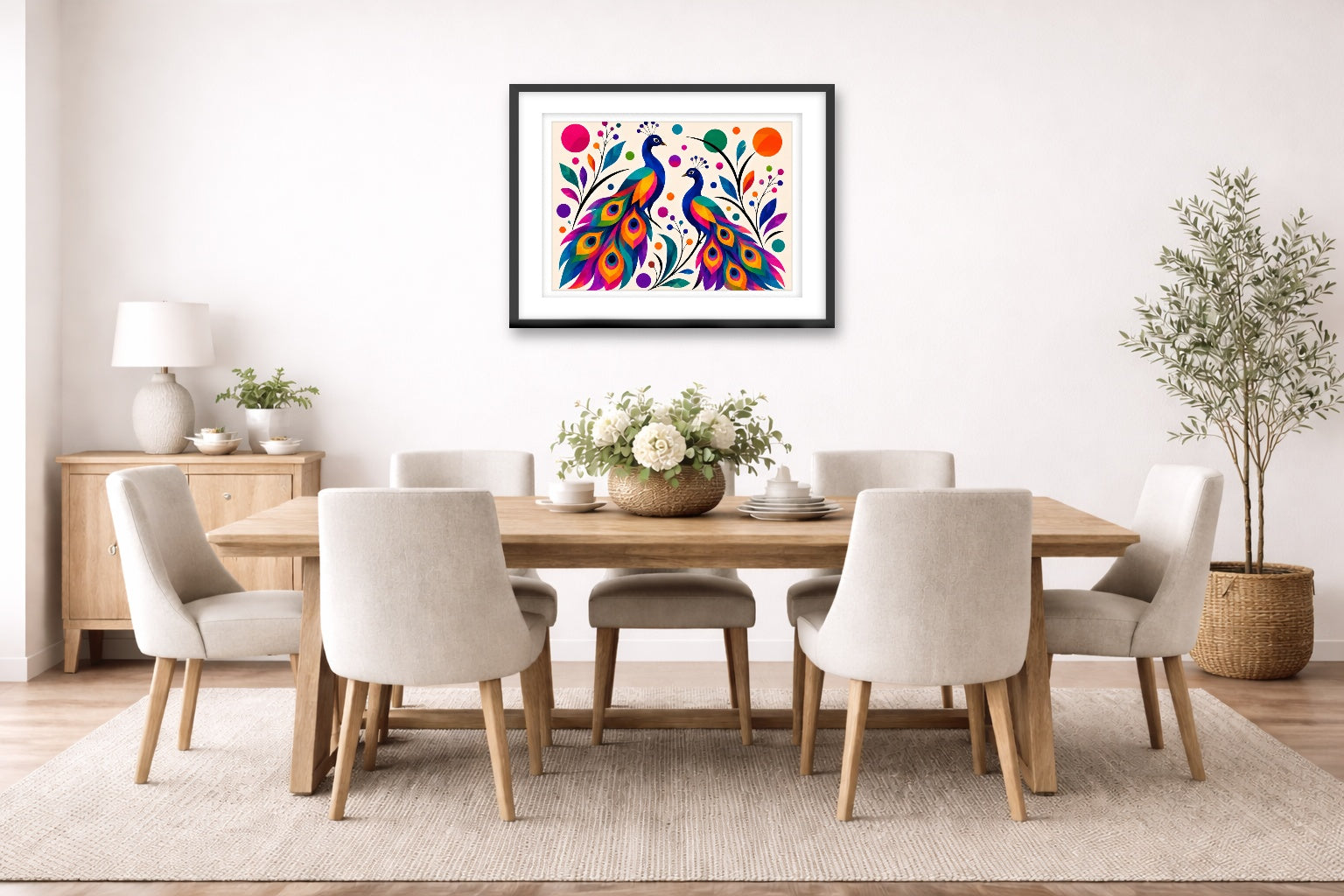 Peacock Pair - Geometric Painting printed on fine art paper, framed on a black frame and matted and hung on a dining room wall.