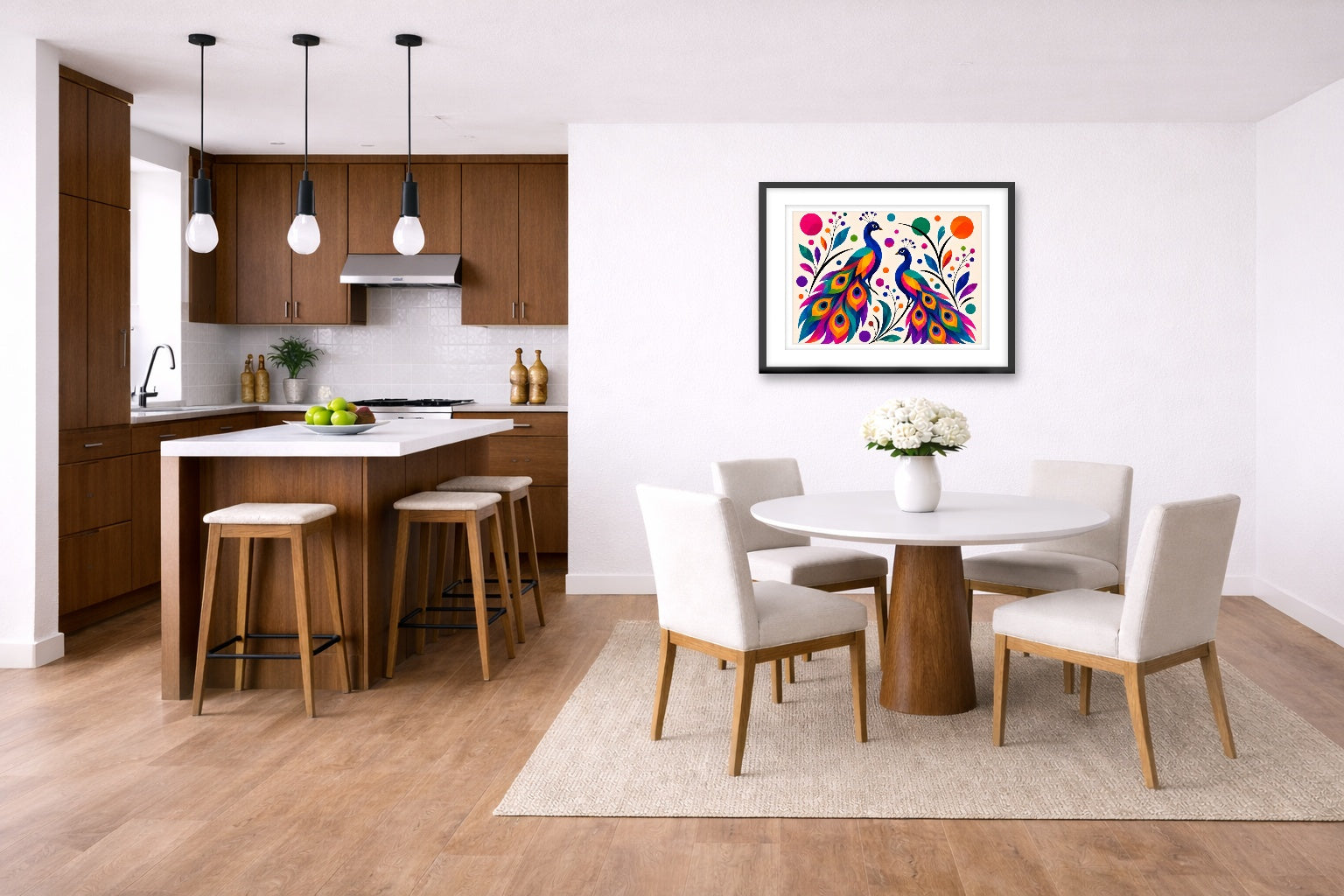 Peacock Pair - Geometric Painting printed on fine art paper, framed on a black frame and matted and hung on a wall on a dinette wall.