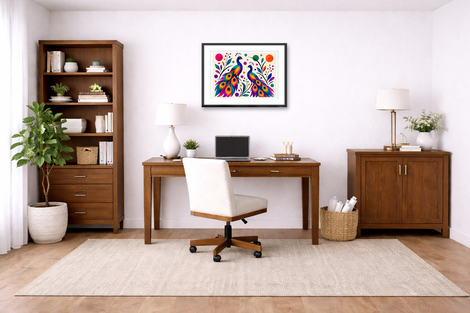 Peacock Pair - Geometric Painting printed on fine art paper, framed on a black frame and matted and hung on a wall on an home office wall.