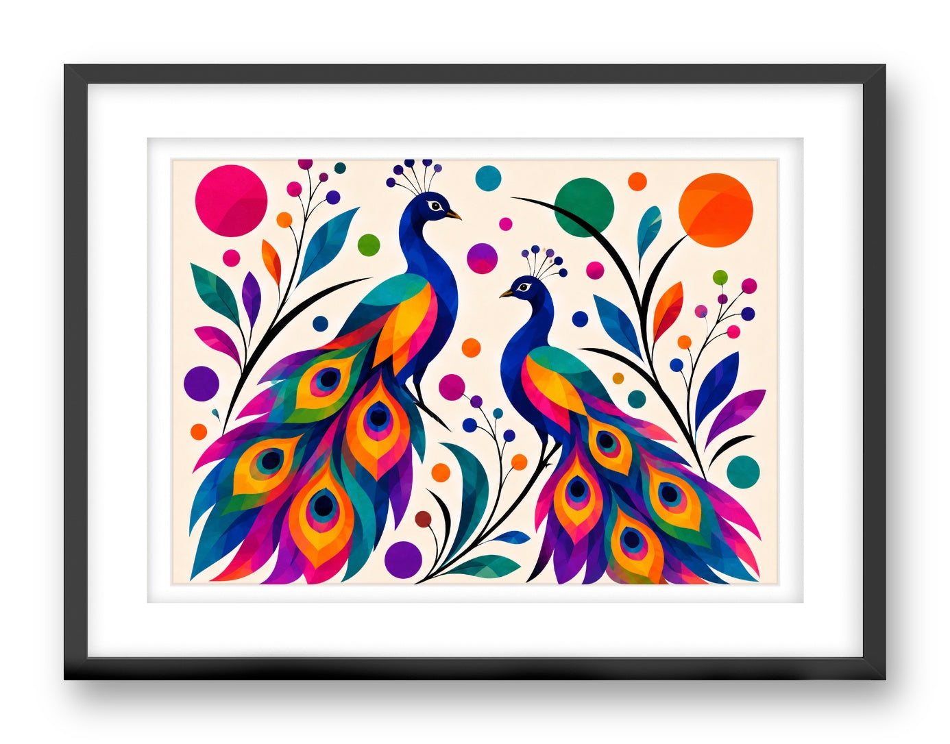 Peacock Pair printed on fine art paper, framed on a black frame and matted.