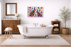 Peacock Pair - Geometric Painting printed on canvas wall art displayed on a bathroom wall .
