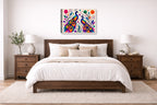 Peacock Pair - Geometric Painting printed on canvas wall art displayed on a wall above a bed.
