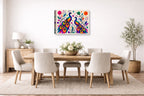 Peacock Pair - Geometric Painting printed on canvas wall art displayed on a wall in the dinning room
