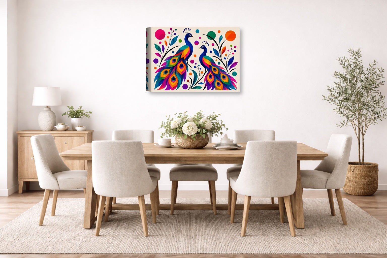 Peacock Pair - Geometric Painting printed on canvas wall art displayed on a wall in the dinning room