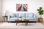 Peacock Pair - Geometric Painting printed on canvas wall art displayed above a couch in a living room