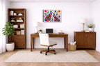 Peacock Pair - Geometric Painting printed on canvas wall art displayed on a wall in a a home office.
