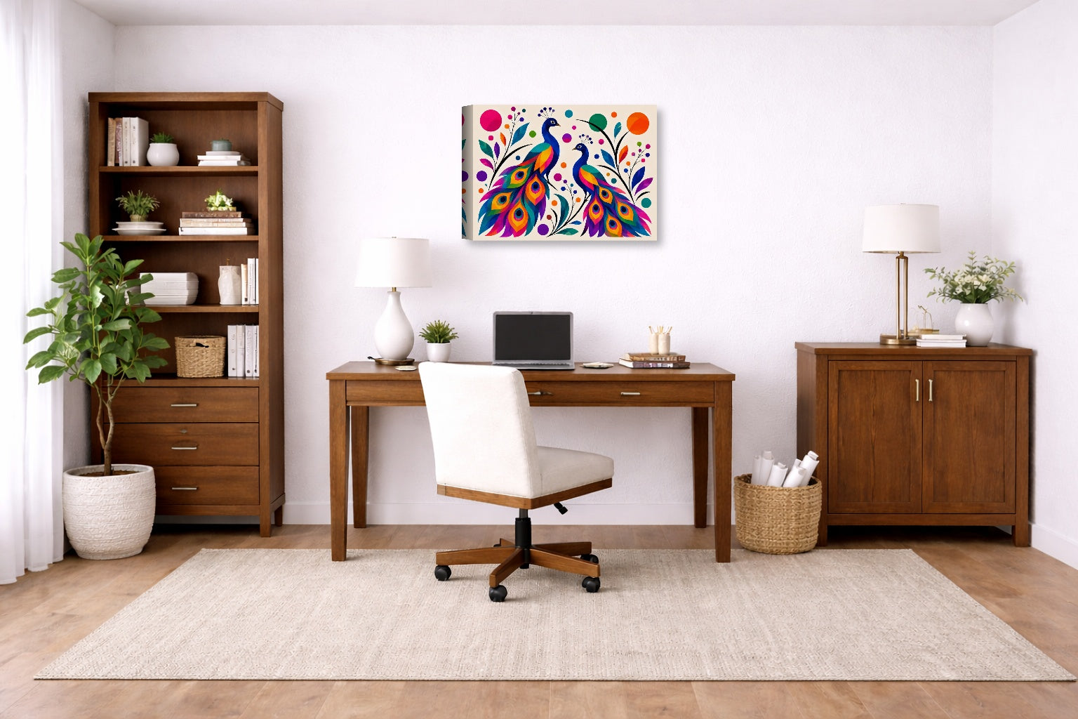 Peacock Pair - Geometric Painting printed on canvas wall art displayed on a wall in a a home office.