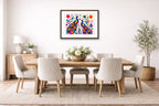 Peacock Pair - Geometric Painting printed on fine art paper, framed on a espresso frame and matted. Hung on a dinning room wall