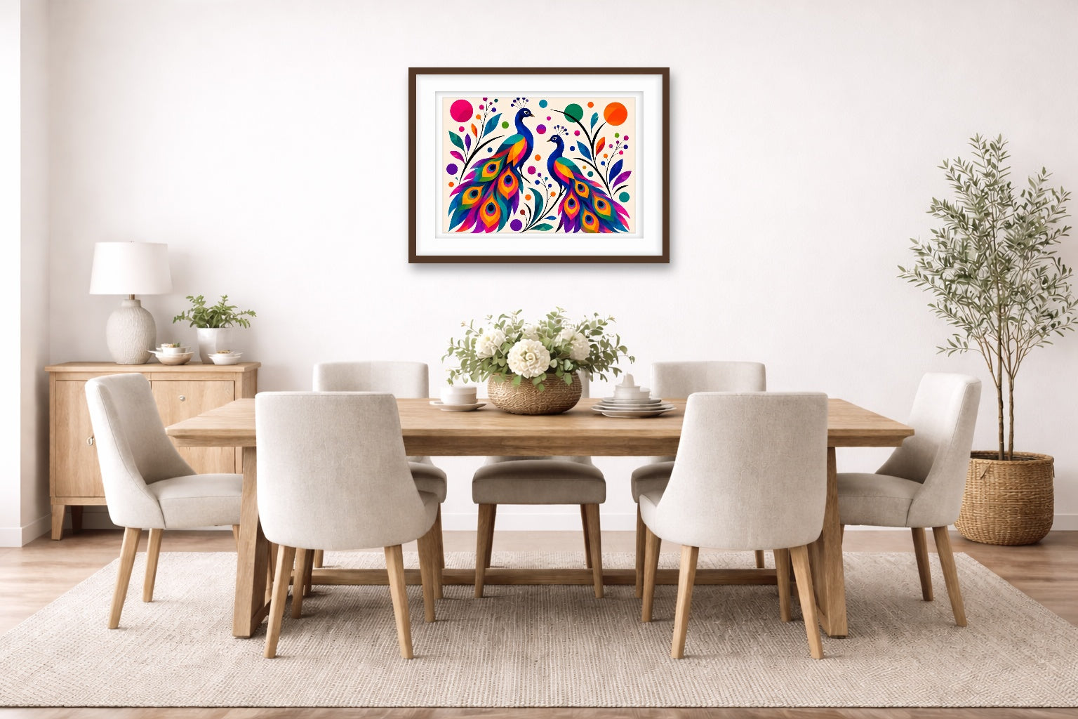 Peacock Pair - Geometric Painting printed on fine art paper, framed on a espresso frame and matted. Hung on a dinning room wall