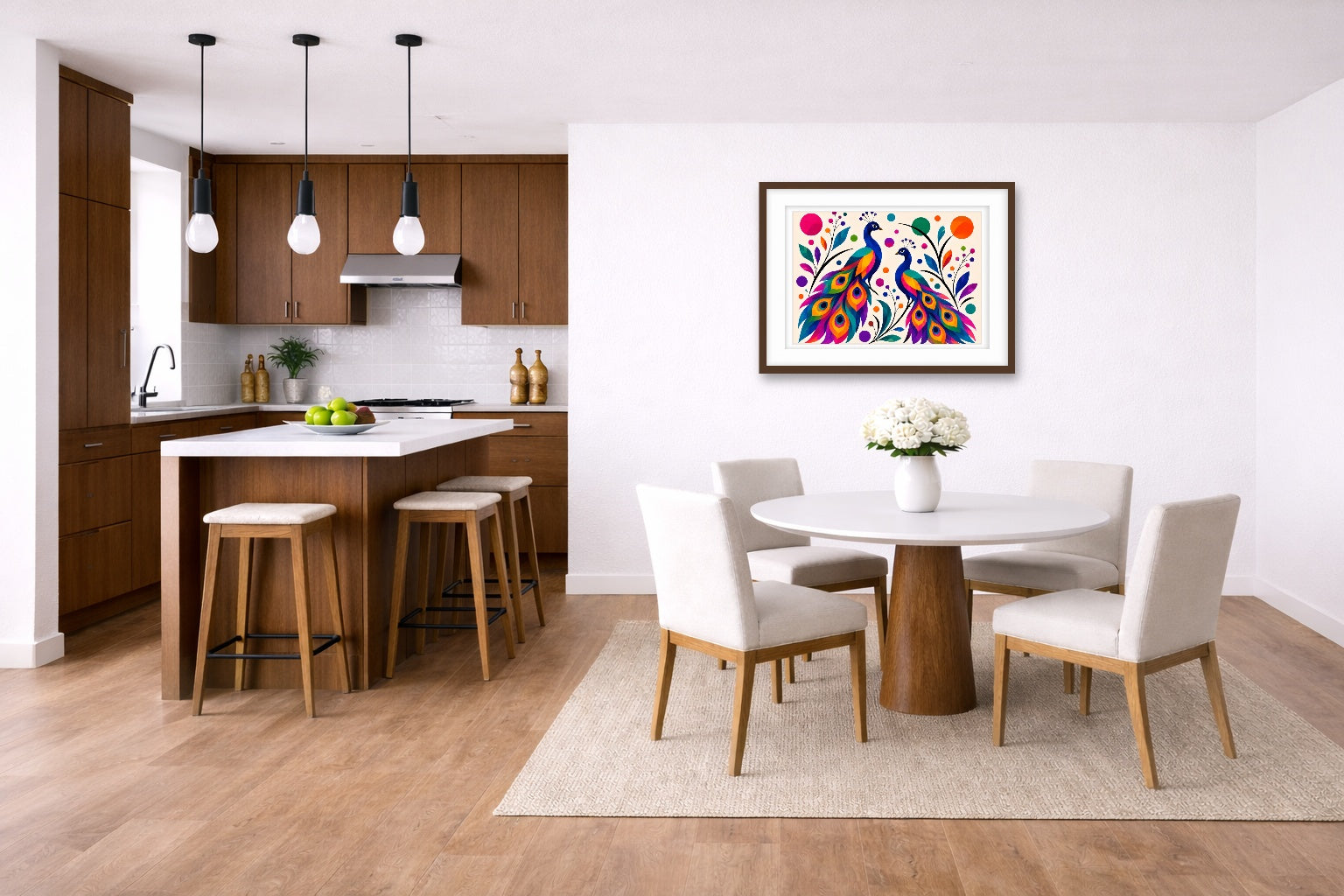 Peacock Pair - Geometric Painting printed on fine art paper, framed on a espresso frame and matted. Hung on a living kitchen-dinette wall.