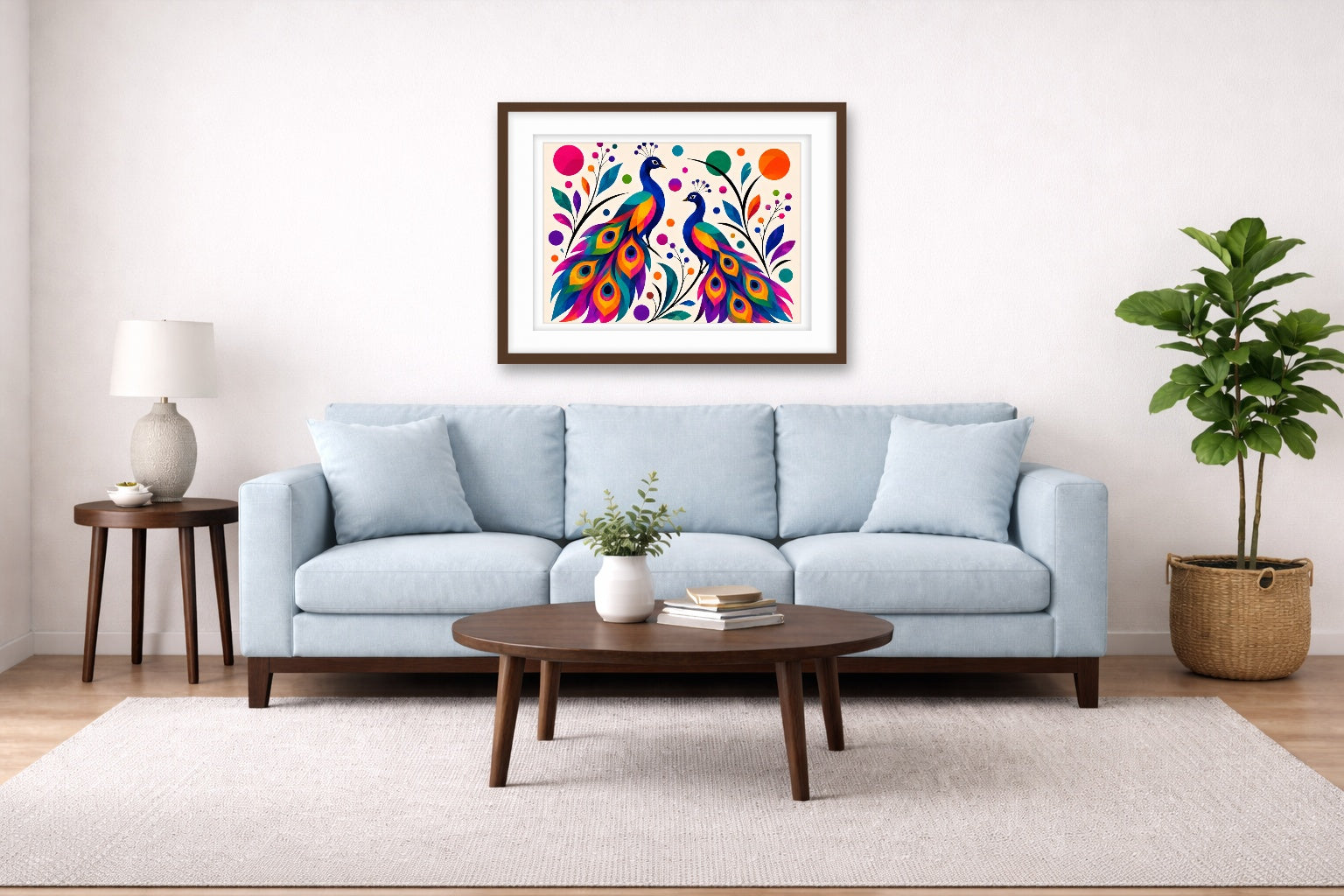 Peacock Pair - Geometric Painting printed on fine art paper, framed on a espresso frame and matted. Hung on a living room wall