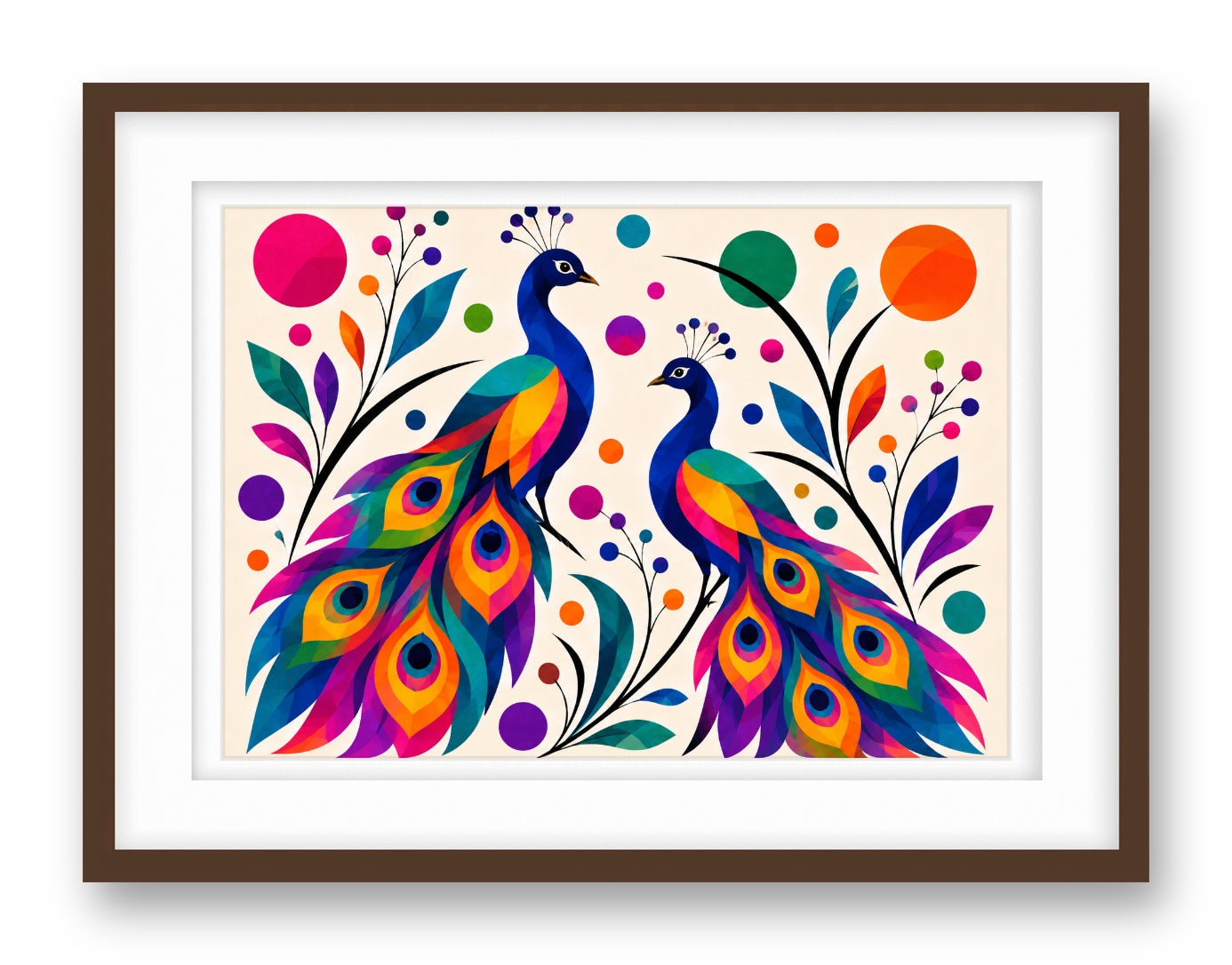 Peacock Pair printed on fine art paper, framed on a espresso frame and matted.