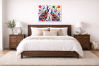 Peacock Pair - Geometric Painting printed on aluminum metal with wall anchors. Hung on a bedroom wall.