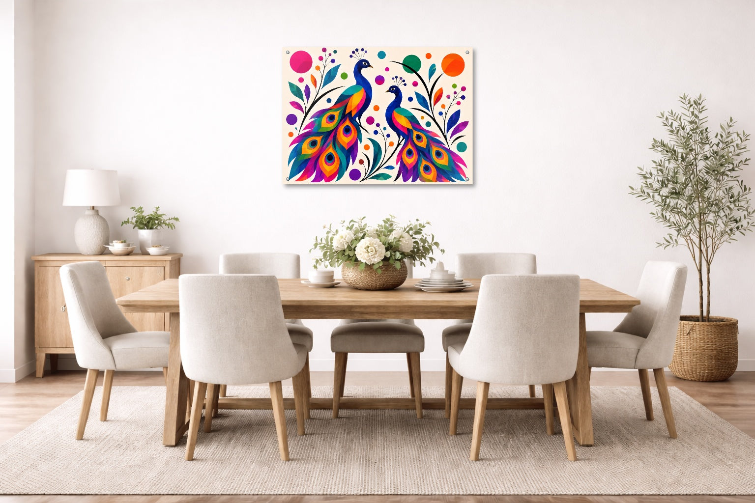 Peacock Pair - Geometric Painting printed on aluminum metal with wall anchors. Hung on a dining room wall.