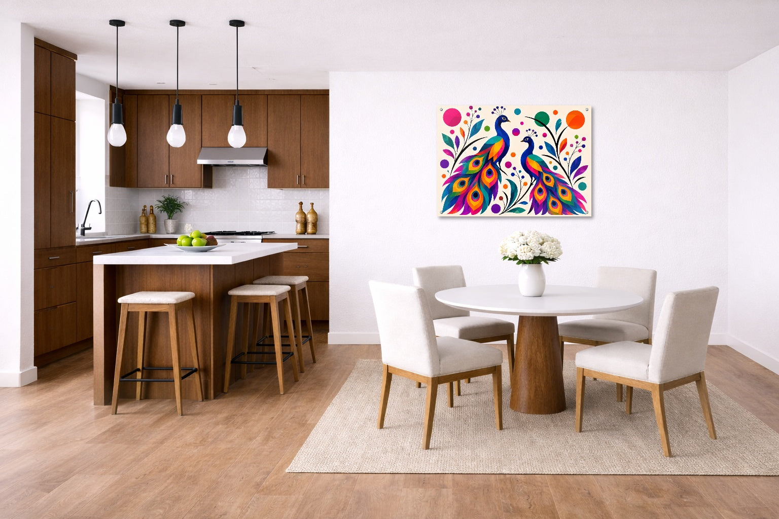 Peacock Pair - Geometric Painting printed on aluminum metal with wall anchors. Hung on a kitchen-dinette wall.