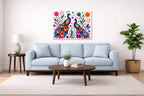 Peacock Pair - Geometric Painting printed on aluminum metal with wall anchors. Hung on a living room wall.