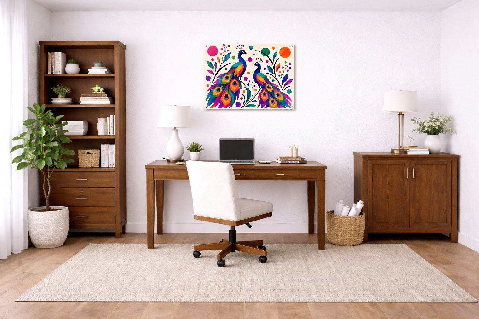 Peacock Pair - Geometric Painting printed on aluminum metal with wall anchors. Hung on a office wall.