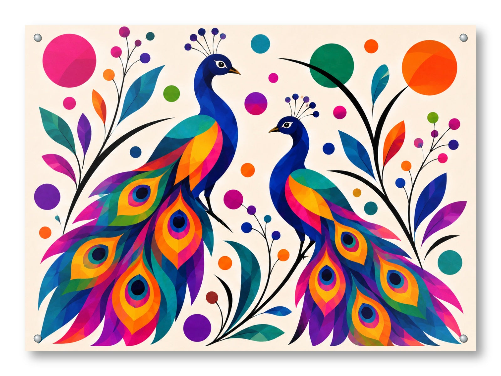 Peacock Pair printed on aluminum metal with wall anchors.