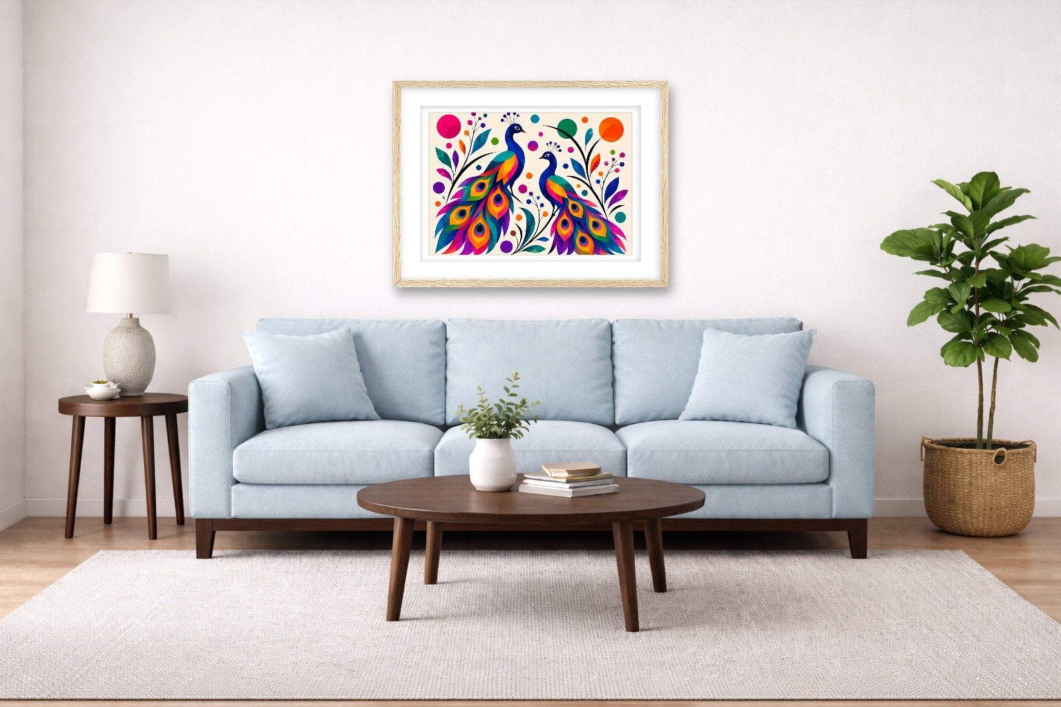 Peacock Pair - Geometric Painting printed on fine art paper, framed on a oak frame and matted. Hung on a living room wall.