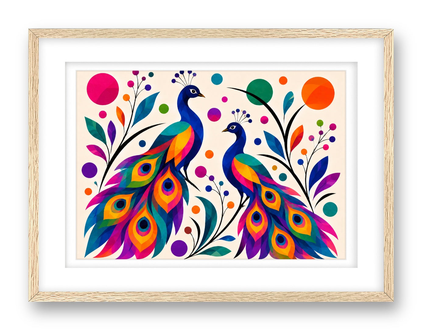 Peacock Pair printed on fine art paper, framed on a oak frame and matted.