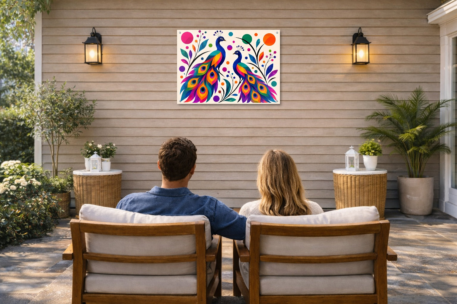 Peacock Pair - Geometric Painting printed on water resistant canvas and mounted on a waterproof frame. Hung on a patio wall with couple.