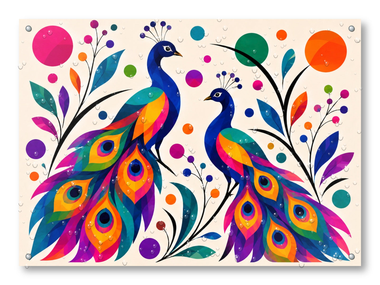 Peacock Pair - Geometric Painting printed on water resistant canvas and mounted on a waterproof frame.