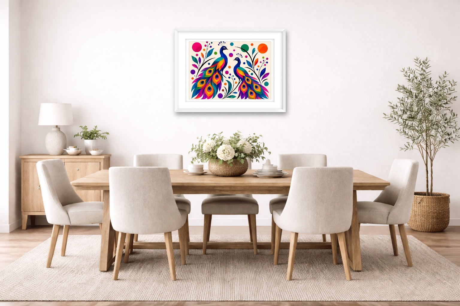 Peacock Pair - Geometric Painting printed on fine art paper, framed on a white frame and matted. Hung on a dining room wall.