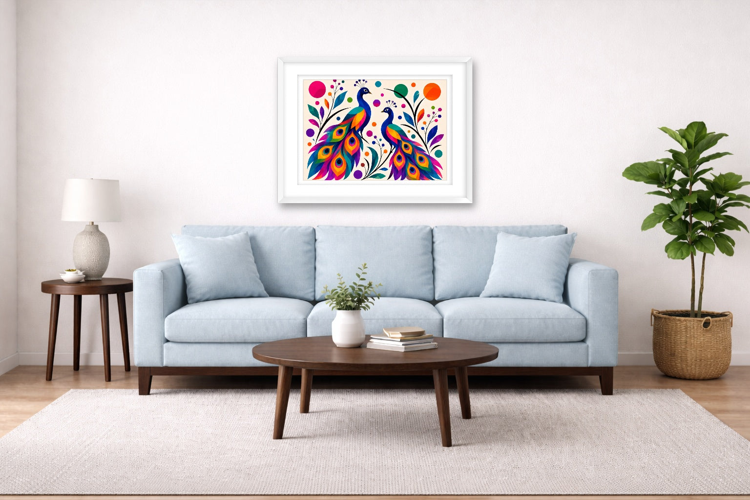 Peacock Pair - Geometric Painting printed on fine art paper, framed on a white frame and matted. Hung on a living room wall.